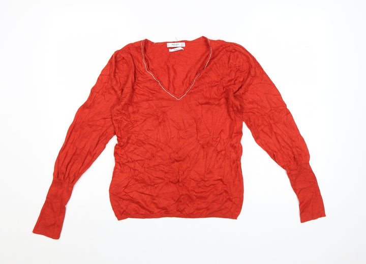 Mango Women Red V-Neck Long Sleeve Knit Cashmere Blend Jumper Size 12