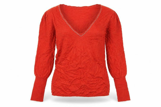Front view of Mango Women Red V-Neck Long Sleeve Knit Cashmere Blend Jumper, size 12