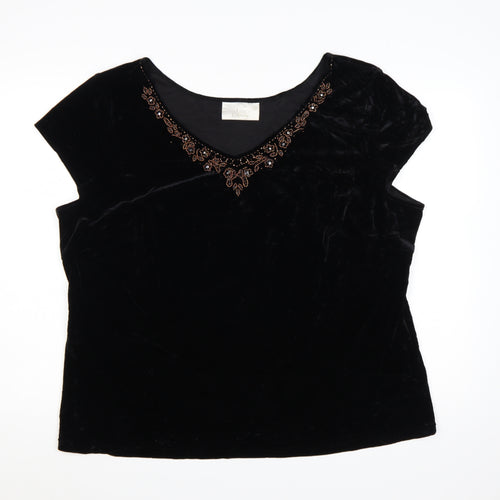 Ann Harvey Women Black Beaded Velvet Blouse UK 24 V-Neck Short Sleeve