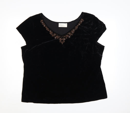 Ann Harvey Women Black Beaded Velvet Blouse UK 24 V-Neck Short Sleeve