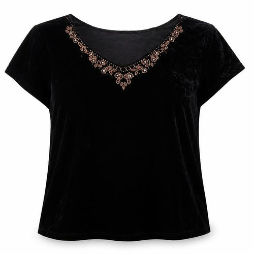 Ann Harvey Women Black Beaded Velvet Blouse UK 24 V-Neck Short Sleeve