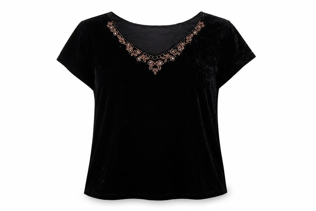Ann Harvey Women Black Beaded Velvet Blouse UK 24 V-Neck Short Sleeve