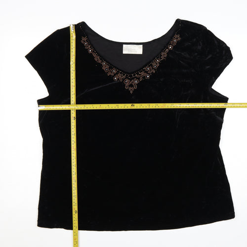 Ann Harvey Women Black Beaded Velvet Blouse UK 24 V-Neck Short Sleeve