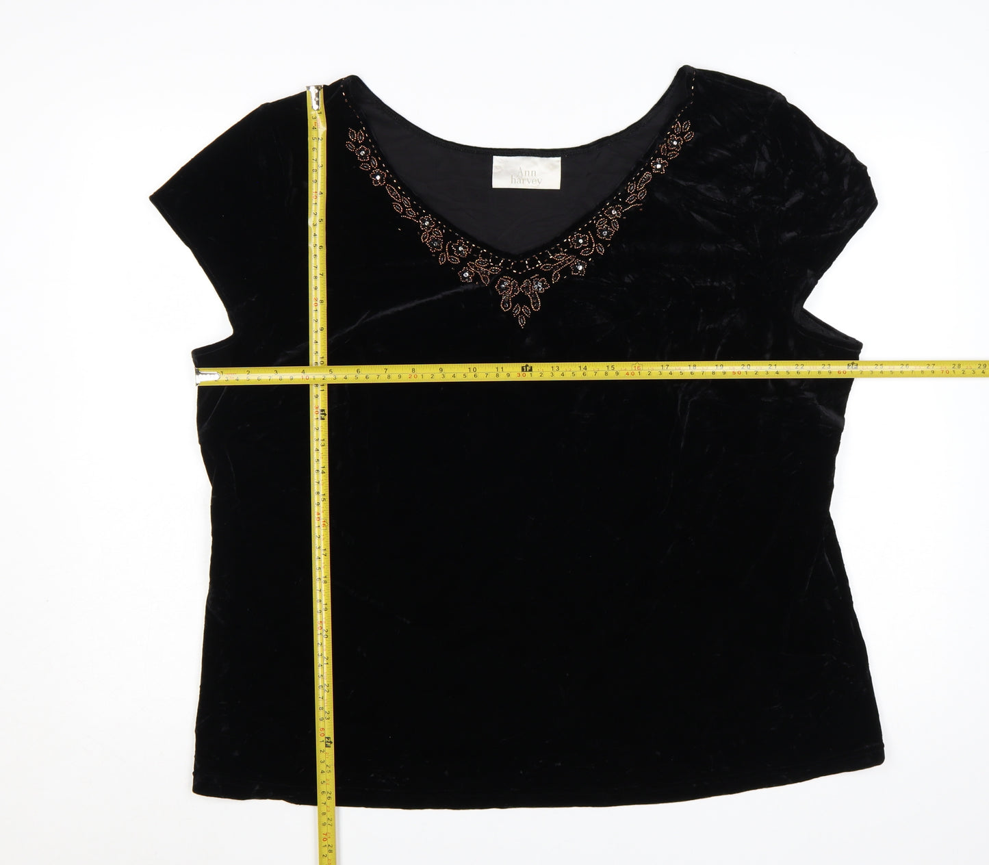 Ann Harvey Women Black Beaded Velvet Blouse UK 24 V-Neck Short Sleeve