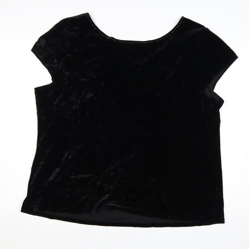 Ann Harvey Women Black Beaded Velvet Blouse UK 24 V-Neck Short Sleeve