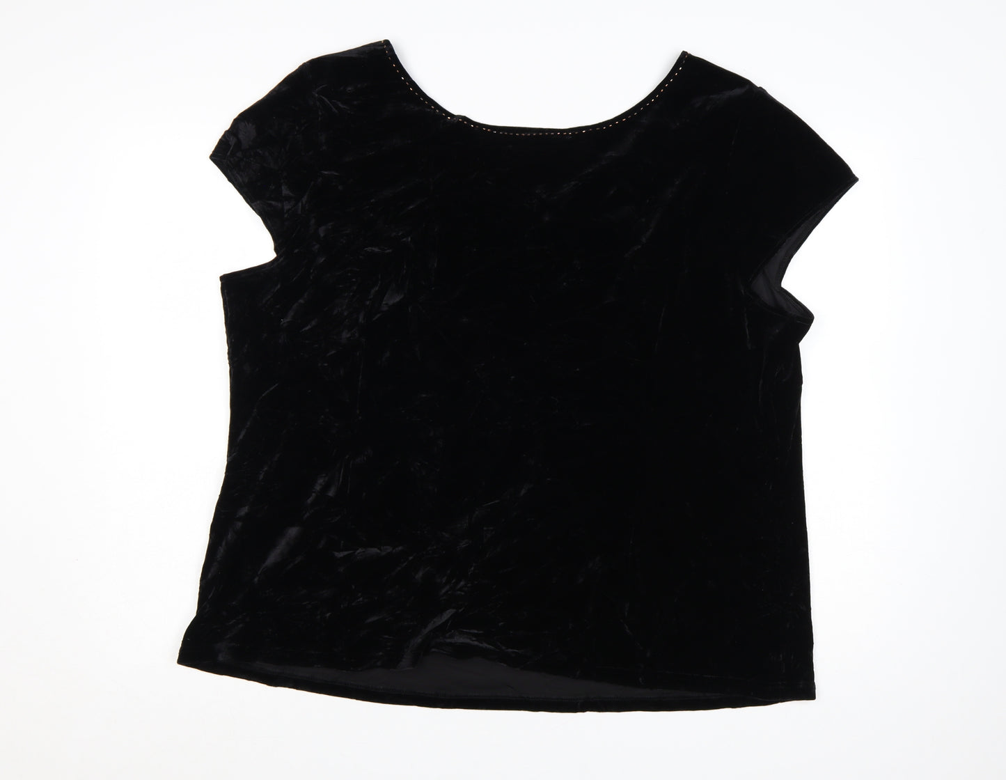 Ann Harvey Women Black Beaded Velvet Blouse UK 24 V-Neck Short Sleeve