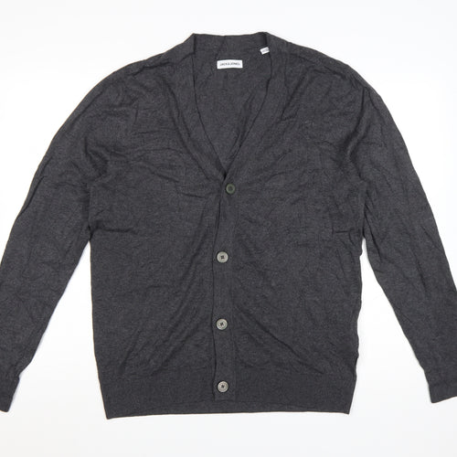 Jack & Jones Men's Grey Cotton Blend V-Neck Cardigan L