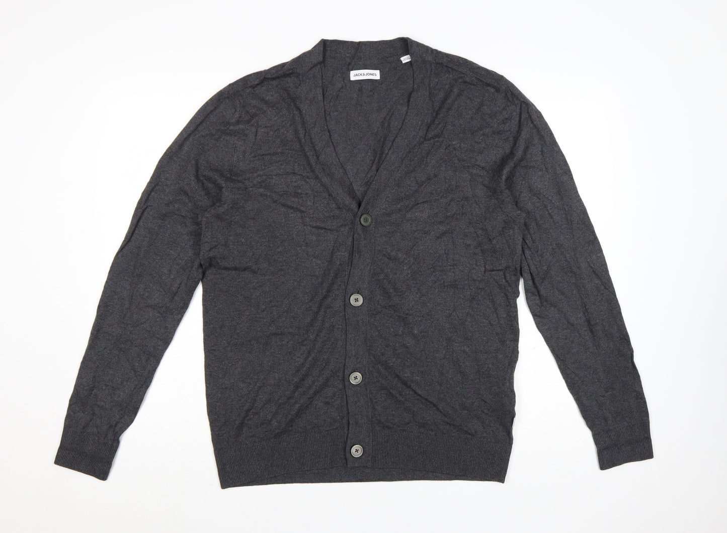 Jack & Jones Men's Grey Cotton Blend V-Neck Cardigan L