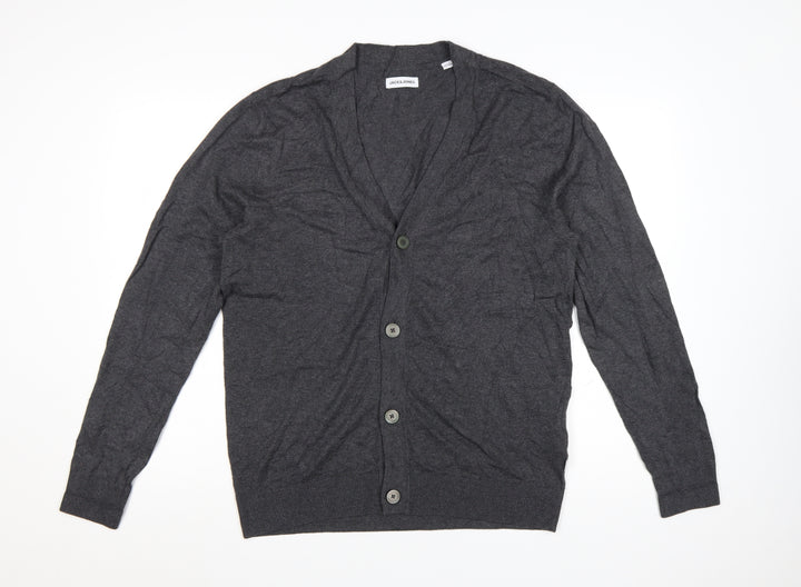 Jack & Jones Men's Grey Cotton Blend V-Neck Cardigan L