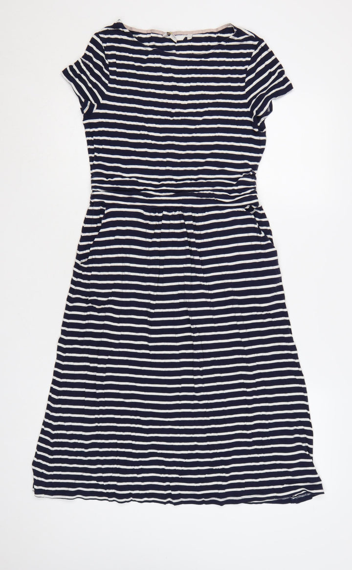 Boden Women Blue White Striped Fit & Flare Dress Size 12 Short Sleeve