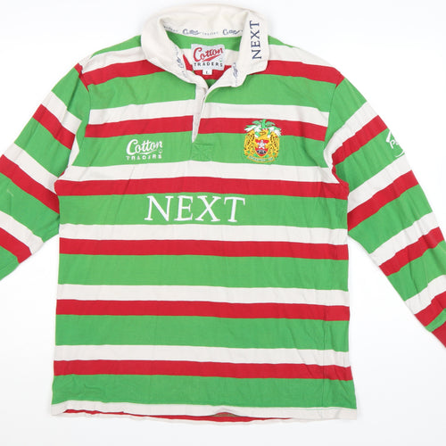Cotton Traders Men's Green Red Striped Long Sleeve Rugby Polo Shirt L