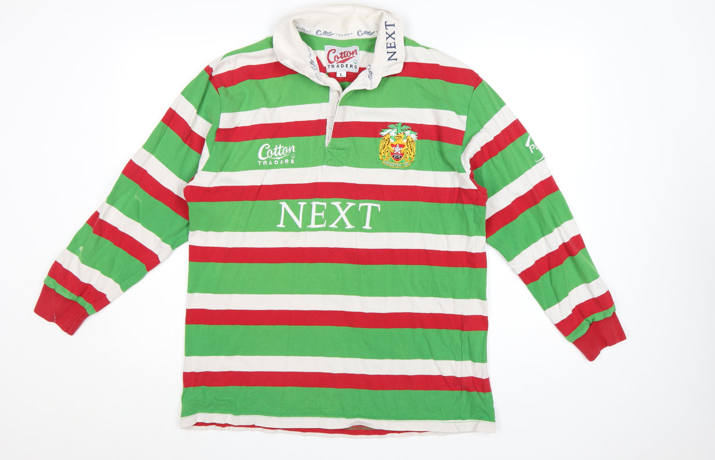 Cotton Traders Men's Green Red Striped Long Sleeve Rugby Polo Shirt L