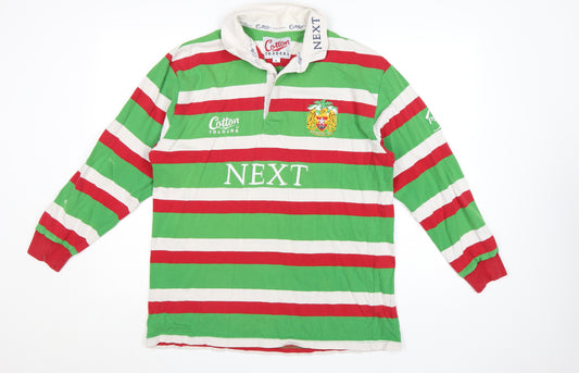 Cotton Traders Men's Green Red Striped Long Sleeve Rugby Polo Shirt L
