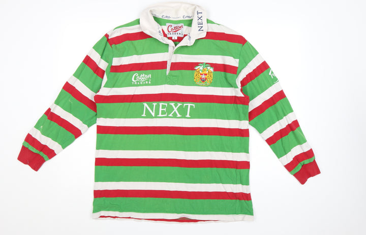Cotton Traders Men's Green Red Striped Long Sleeve Rugby Polo Shirt L