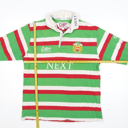 Cotton Traders Men's Green Red Striped Long Sleeve Rugby Polo Shirt L