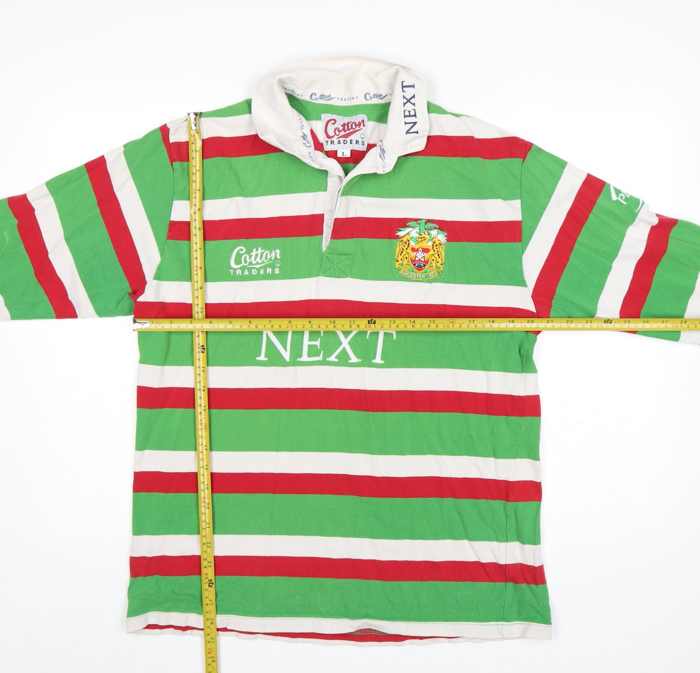 Cotton Traders Men's Green Red Striped Long Sleeve Rugby Polo Shirt L