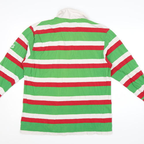 Cotton Traders Men's Green Red Striped Long Sleeve Rugby Polo Shirt L