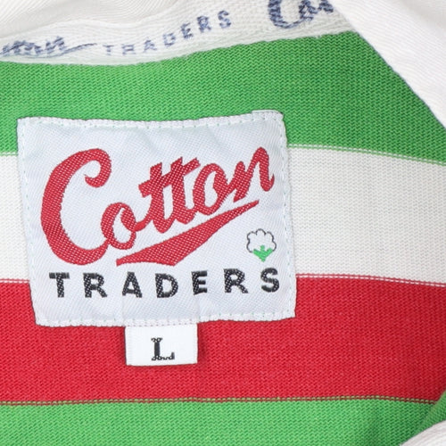Cotton Traders Men's Green Red Striped Long Sleeve Rugby Polo Shirt L