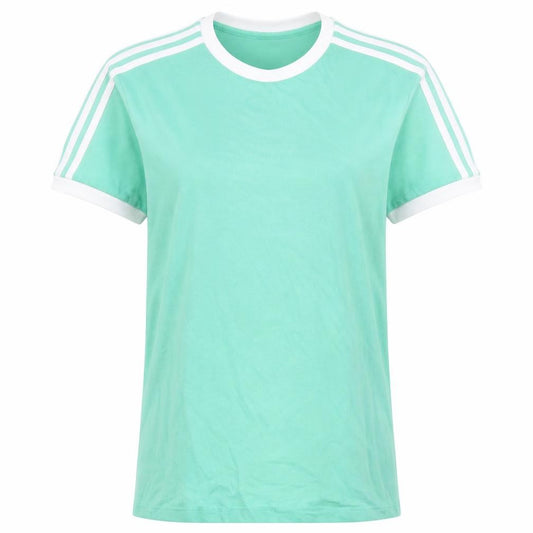Front view of Adidas women’s green ringer crew neck t-shirt, size UK 12