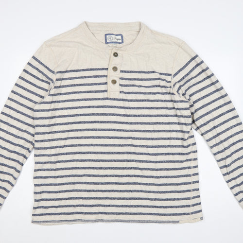Fat Face Men’s Beige Navy Striped Henley Sweatshirt 2XL Cotton
