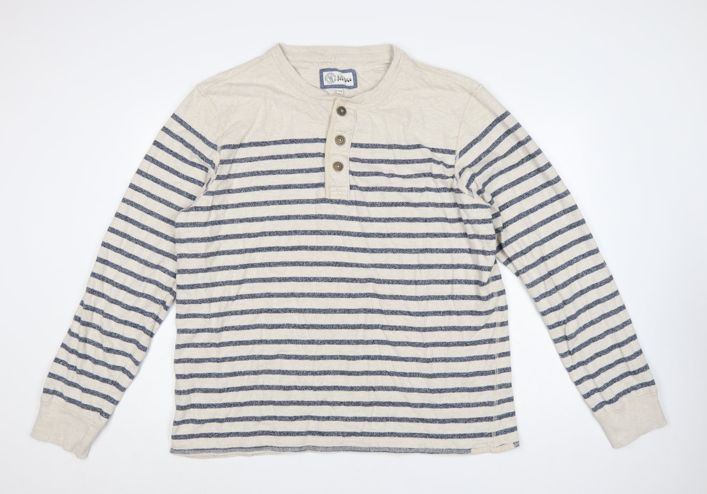 Fat Face Men’s Beige Navy Striped Henley Sweatshirt 2XL Cotton