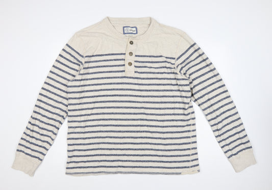 Fat Face Men’s Beige Navy Striped Henley Sweatshirt 2XL Cotton