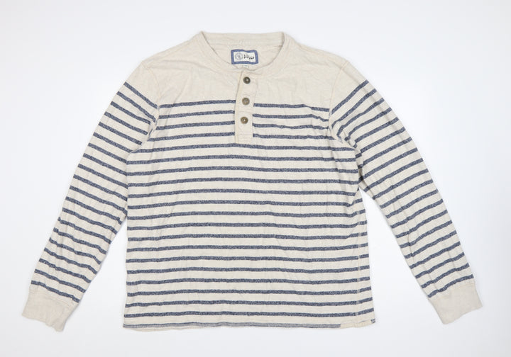 Fat Face Men’s Beige Navy Striped Henley Sweatshirt 2XL Cotton