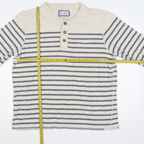 Fat Face Men’s Beige Navy Striped Henley Sweatshirt 2XL Cotton