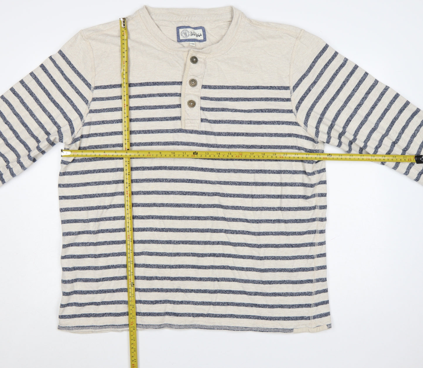 Fat Face Men’s Beige Navy Striped Henley Sweatshirt 2XL Cotton