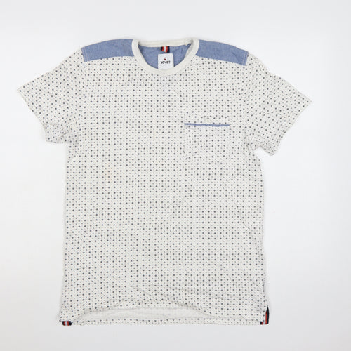 Soviet Men's White Geometric Cotton Crew Neck T-Shirt Medium