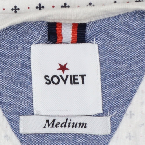 Soviet Men's White Geometric Cotton Crew Neck T-Shirt Medium