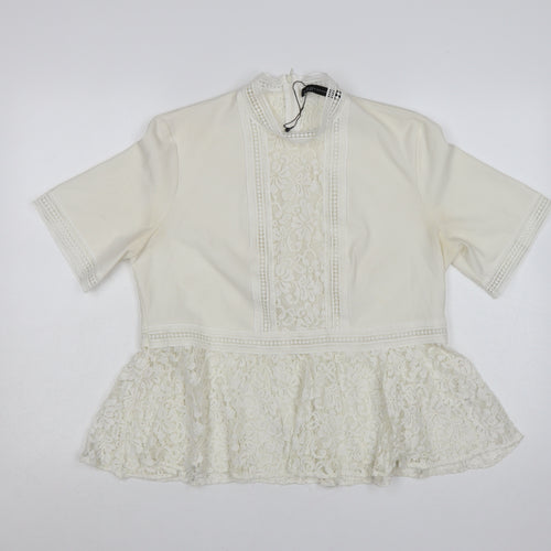 Zara Women Ivory Lace Peplum Tunic Blouse Size 14 Short Sleeve