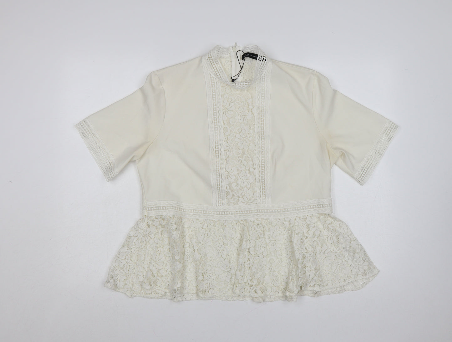 Zara Women Ivory Lace Peplum Tunic Blouse Size 14 Short Sleeve