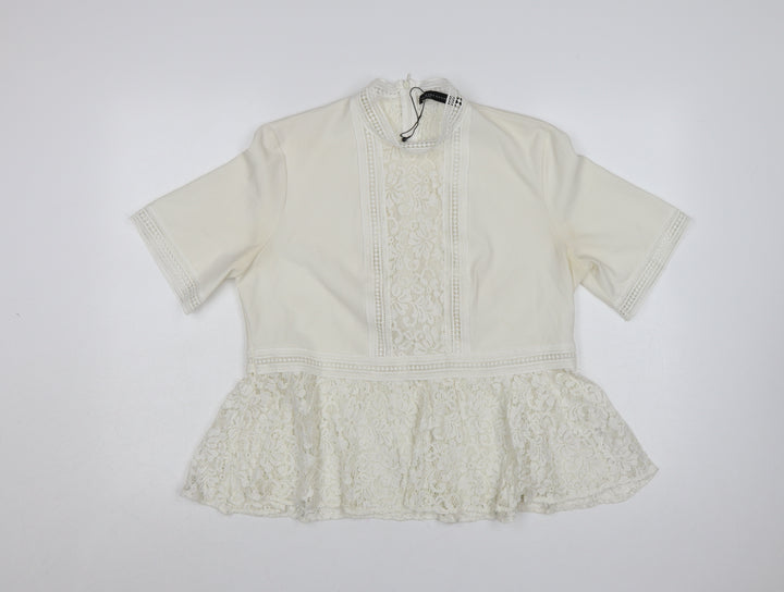 Zara Women Ivory Lace Peplum Tunic Blouse Size 14 Short Sleeve