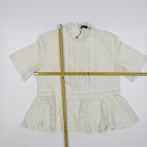 Zara Women Ivory Lace Peplum Tunic Blouse Size 14 Short Sleeve