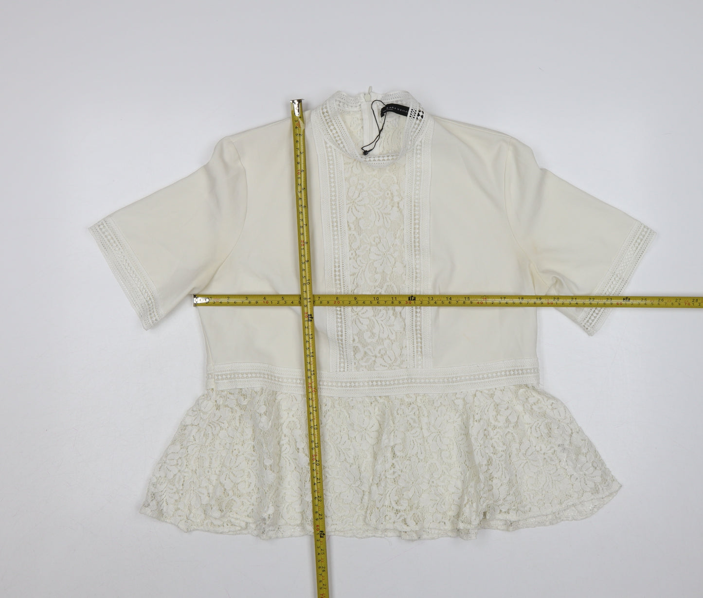 Zara Women Ivory Lace Peplum Tunic Blouse Size 14 Short Sleeve