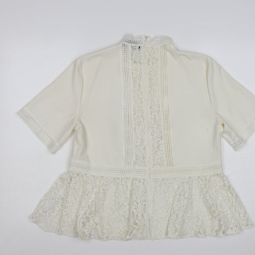 Zara Women Ivory Lace Peplum Tunic Blouse Size 14 Short Sleeve