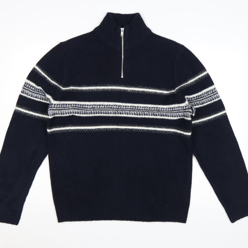 Marks and Spencer Men’s Blue Striped 1/4 Zip High Neck Jumper Medium