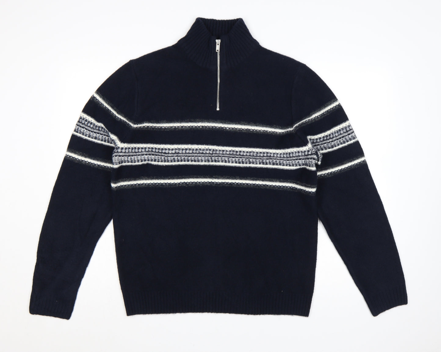 Marks and Spencer Men’s Blue Striped 1/4 Zip High Neck Jumper Medium