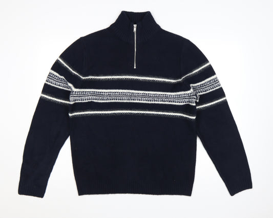 Marks and Spencer Men’s Blue Striped 1/4 Zip High Neck Jumper Medium