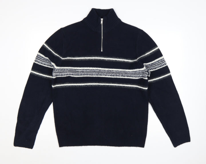 Marks and Spencer Men’s Blue Striped 1/4 Zip High Neck Jumper Medium