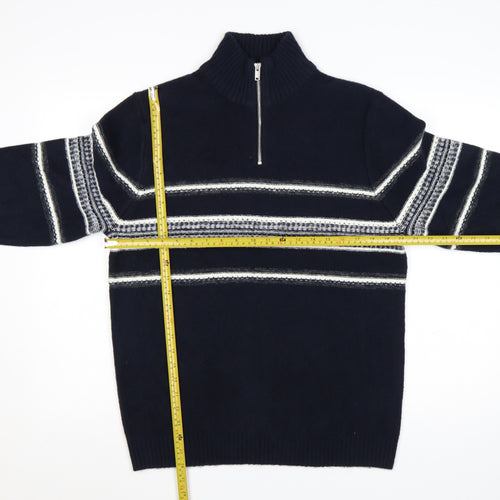 Marks and Spencer Men’s Blue Striped 1/4 Zip High Neck Jumper Medium