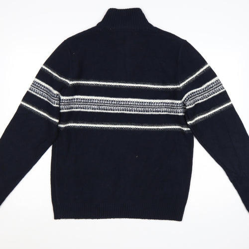 Marks and Spencer Men’s Blue Striped 1/4 Zip High Neck Jumper Medium