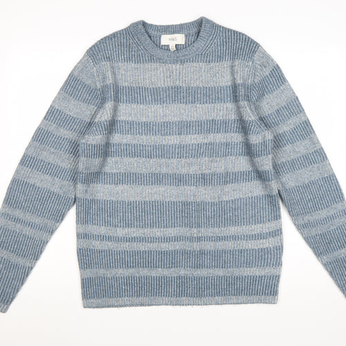 Marks and Spencer Men's Blue Striped Crew Neck Pullover Jumper M