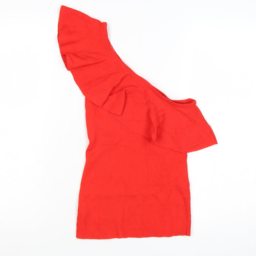 Next Women's Red One Shoulder Ruffle Knit Top Size XS
