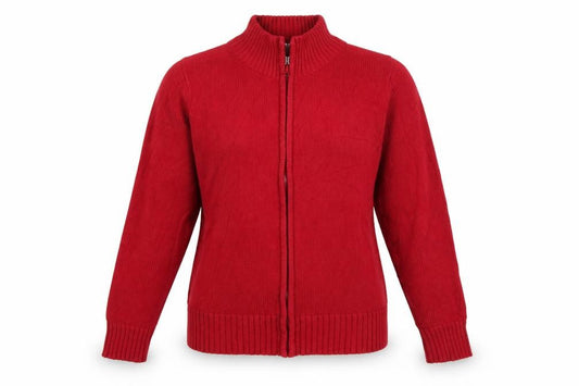 Front view of EWM Women’s Red Cotton Full Zip Jumper, size UK 14, Mock Neck