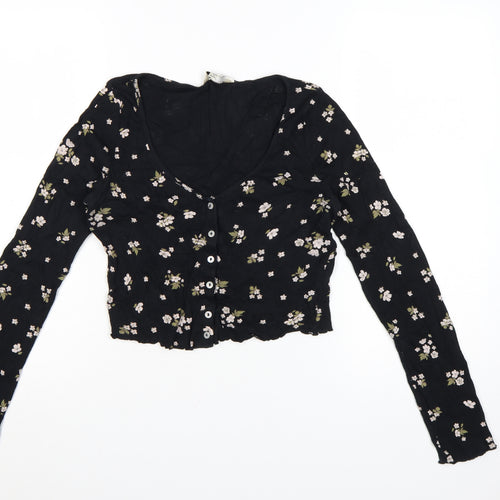 Miss Selfridge Women’s Black Floral Cropped Long Sleeve Cotton Blouse UK 10