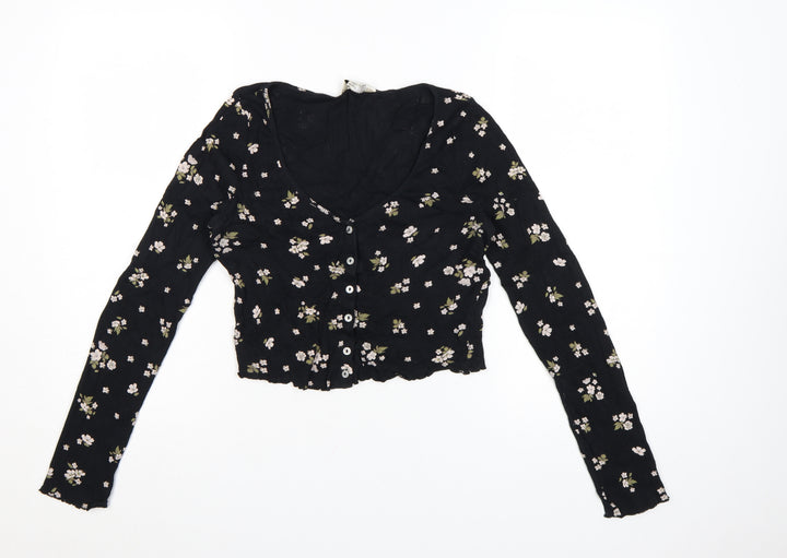 Miss Selfridge Women’s Black Floral Cropped Long Sleeve Cotton Blouse UK 10