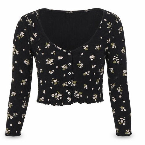 Miss Selfridge Women’s Black Floral Cropped Long Sleeve Cotton Blouse UK 10