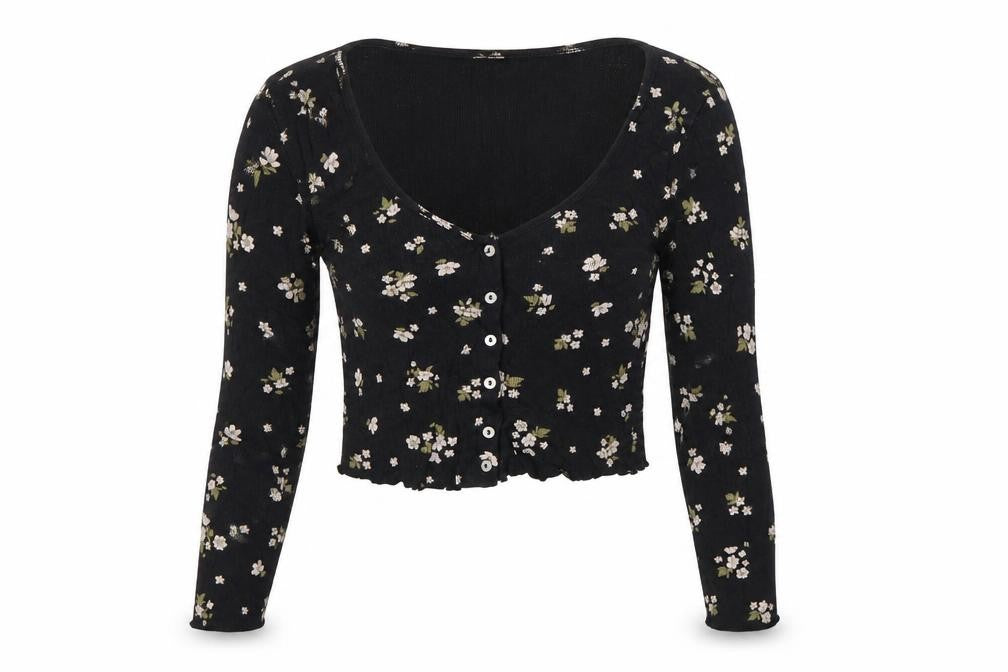 Miss Selfridge Women’s Black Floral Cropped Long Sleeve Cotton Blouse UK 10